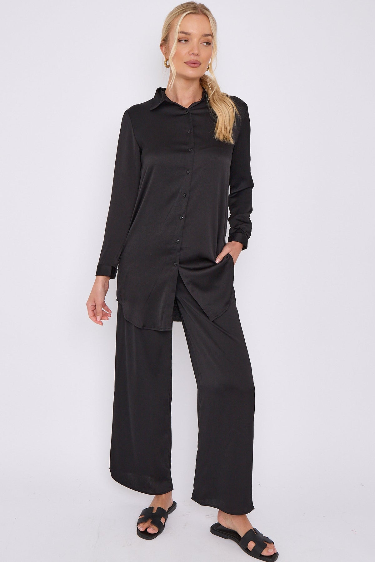 8Pcs Black Crepe Satin Co-ord Shirt and Trousers Set