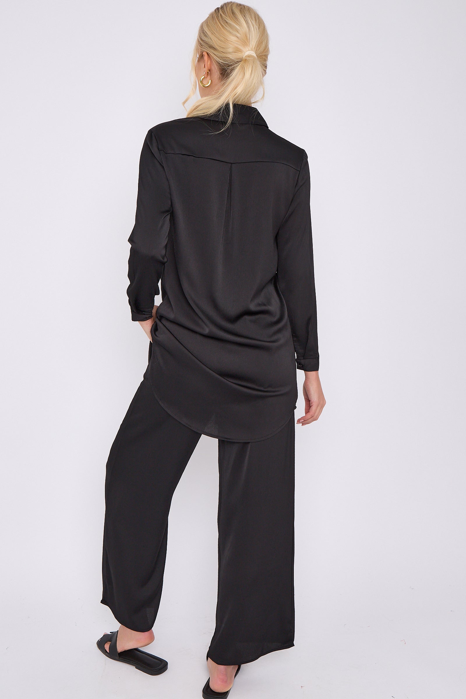 8Pcs Black Crepe Satin Co-ord Shirt and Trousers Set