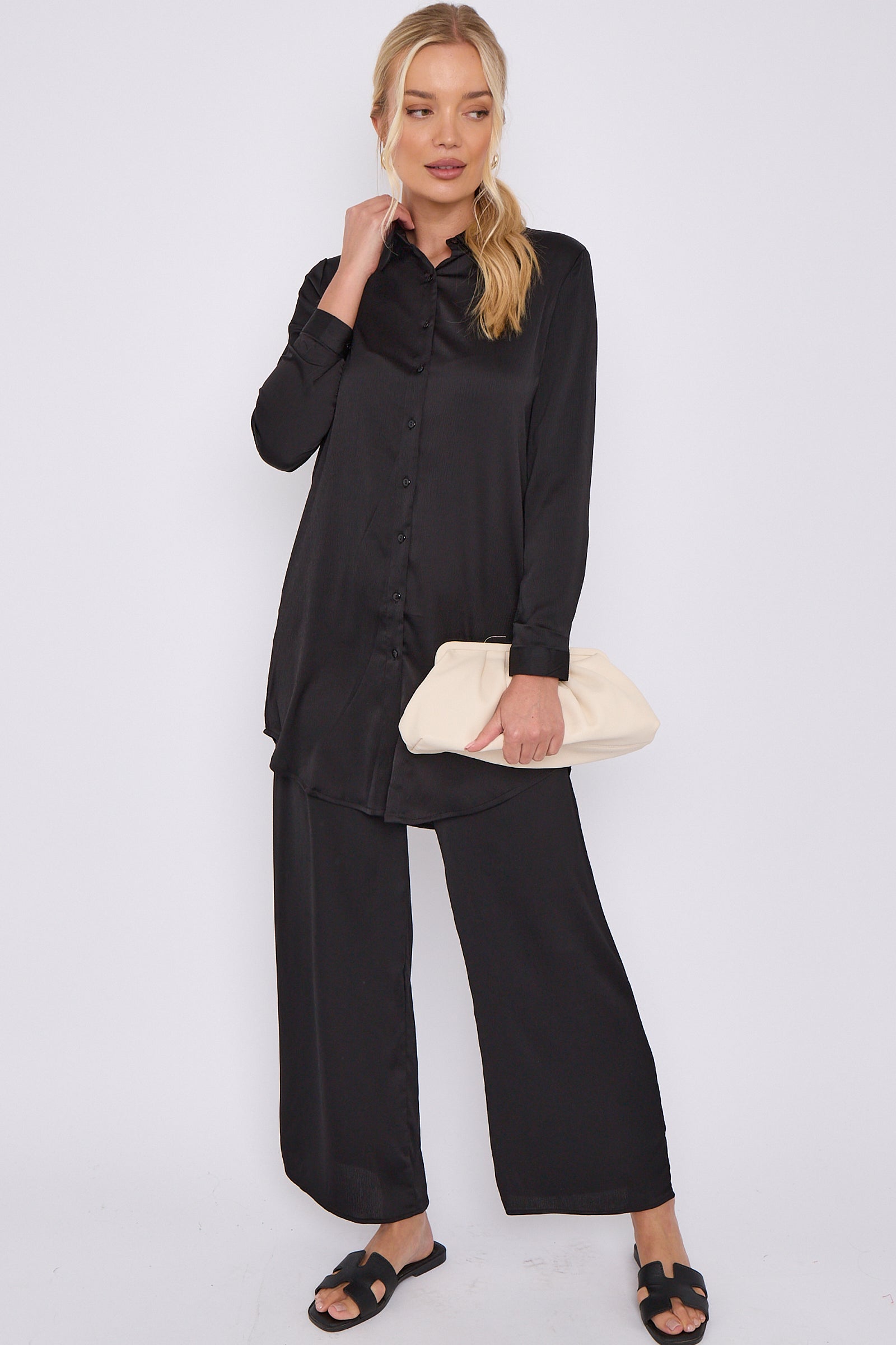 8Pcs Black Crepe Satin Co-ord Shirt and Trousers Set