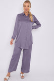 8Pcs Purple Grey Crepe Satin Co-ord Shirt and Trousers Set