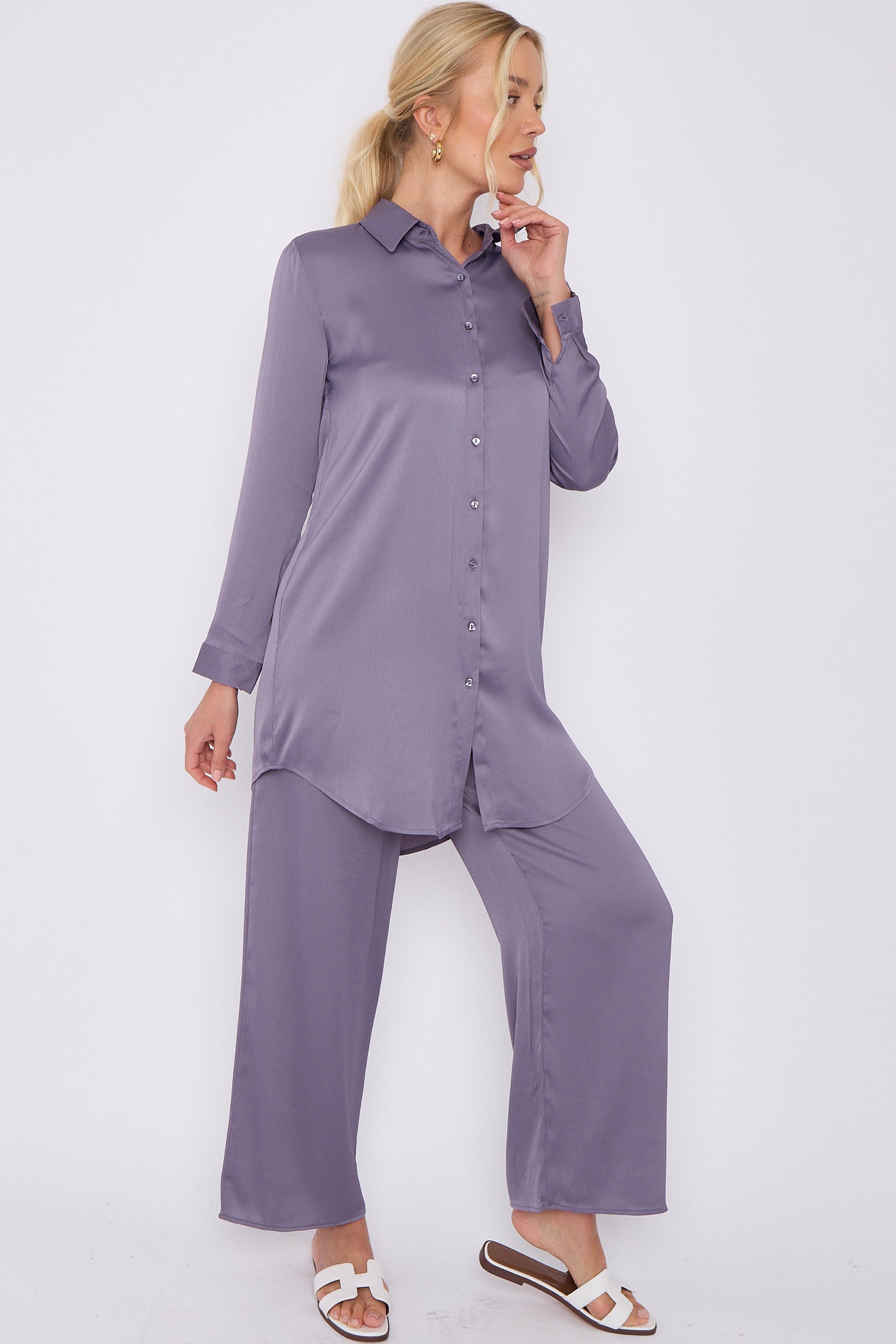 8Pcs Purple Grey Crepe Satin Co-ord Shirt and Trousers Set
