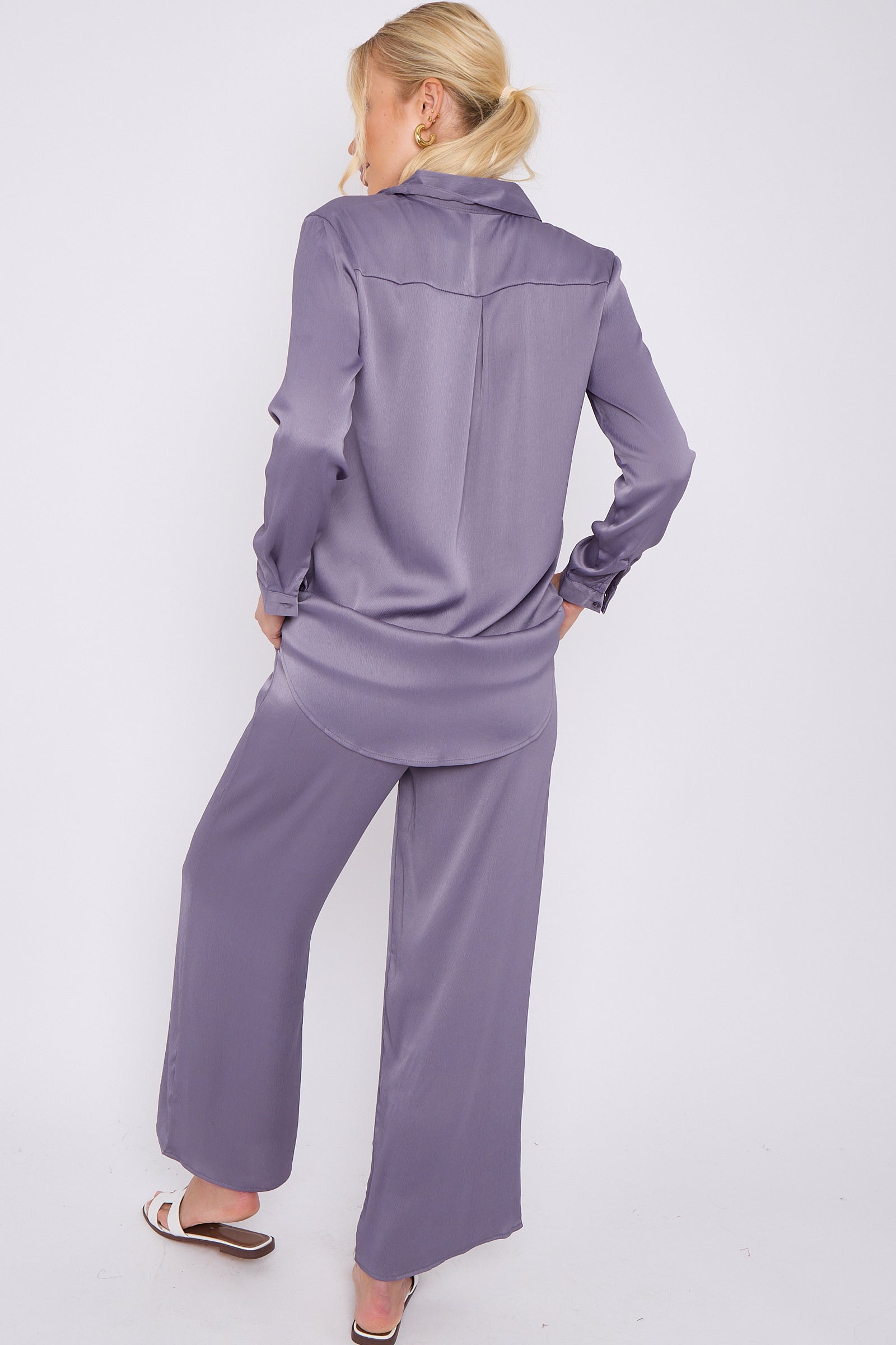 8Pcs Purple Grey Crepe Satin Co-ord Shirt and Trousers Set