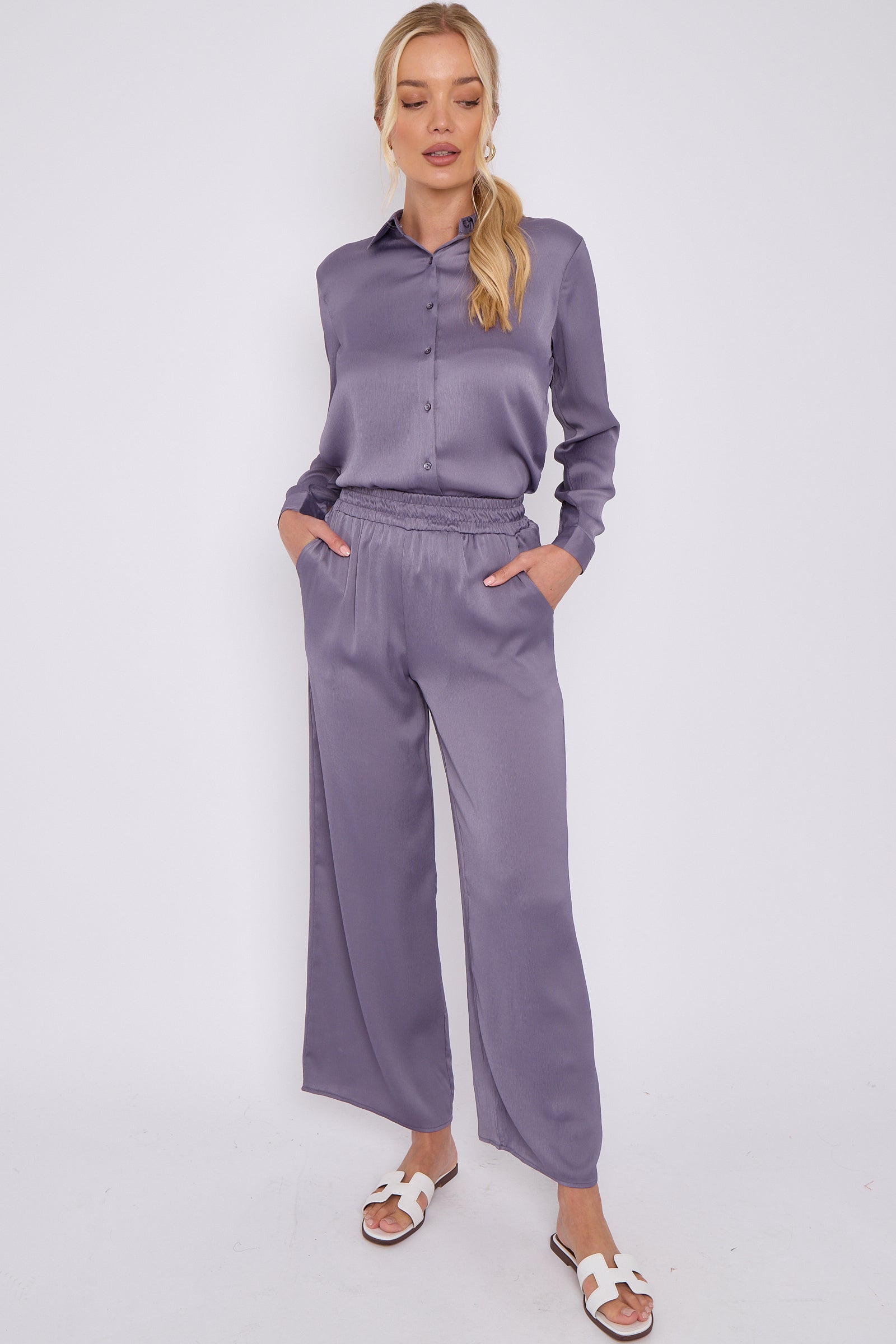 8Pcs Purple Grey Crepe Satin Co-ord Shirt and Trousers Set