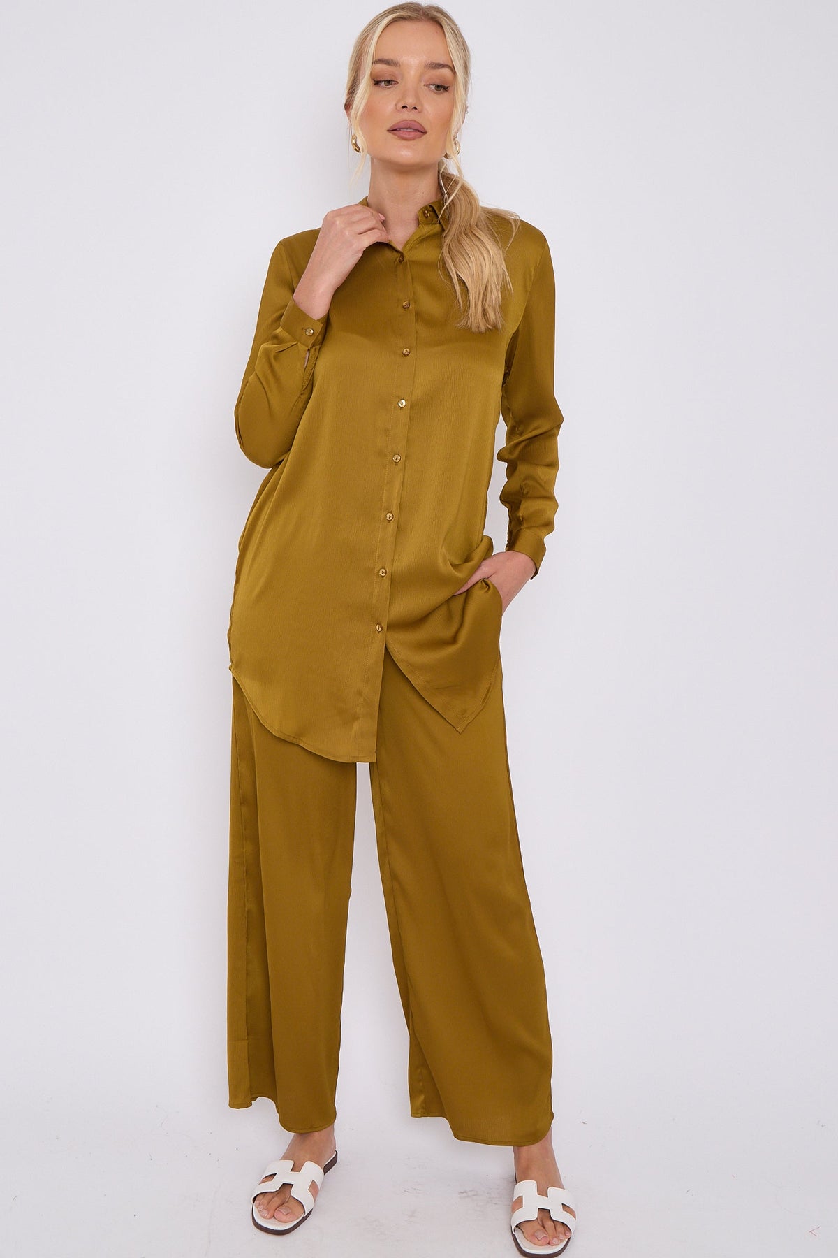 8Pcs Mustard Crepe Satin Co-ord Shirt and Trousers Set