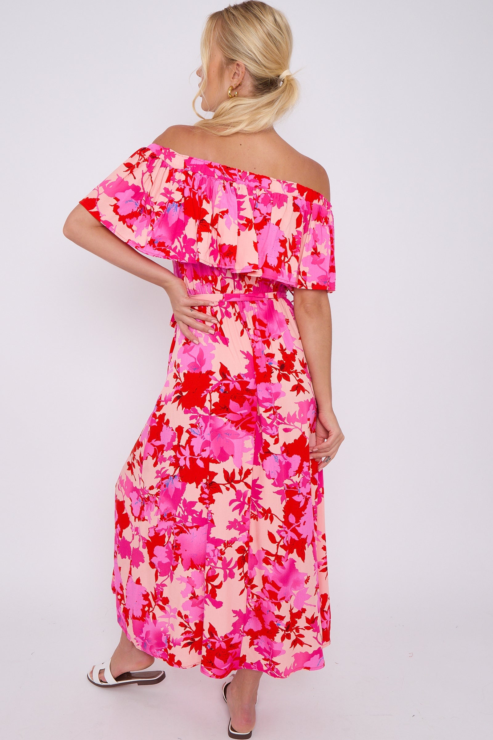8Pcs Fuchsia Floral Print Bardot Maxi Dress