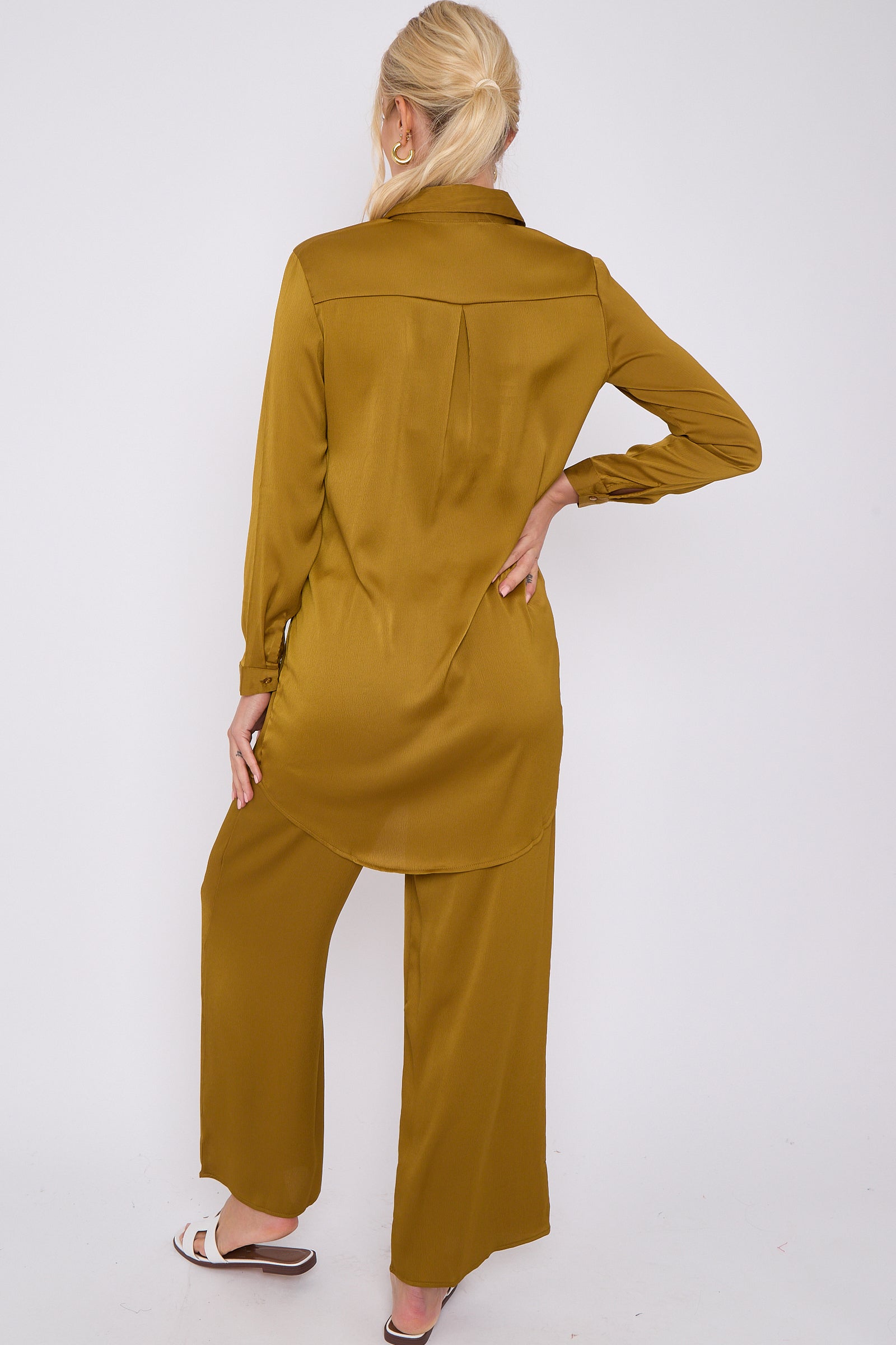 8Pcs Mustard Crepe Satin Co-ord Shirt and Trousers Set
