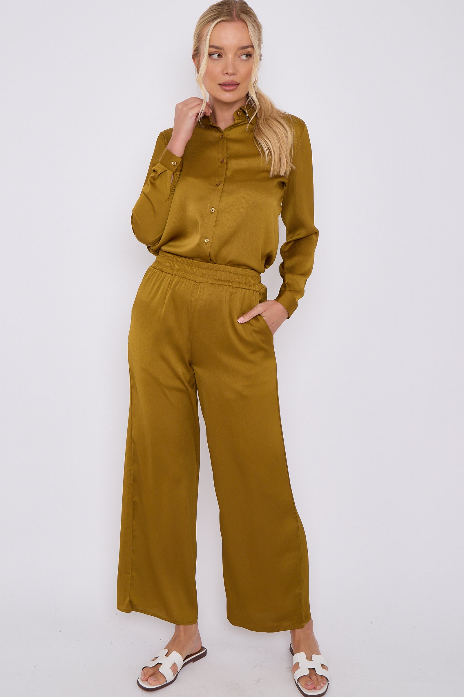8Pcs Mustard Crepe Satin Co-ord Shirt and Trousers Set