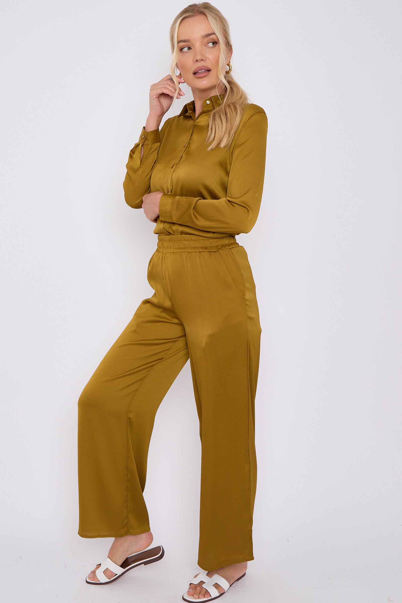 8Pcs Mustard Crepe Satin Co-ord Shirt and Trousers Set