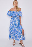 8Pcs Blue Leaf Floral Print Bardot Maxi Dress