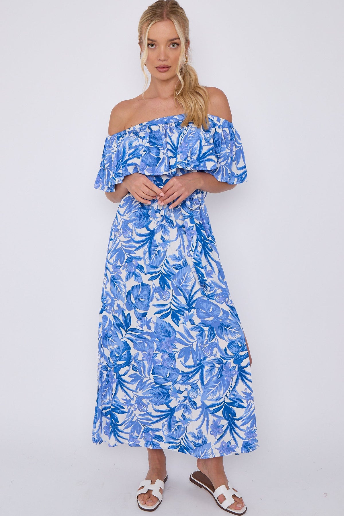 8Pcs Blue Leaf Floral Print Bardot Maxi Dress