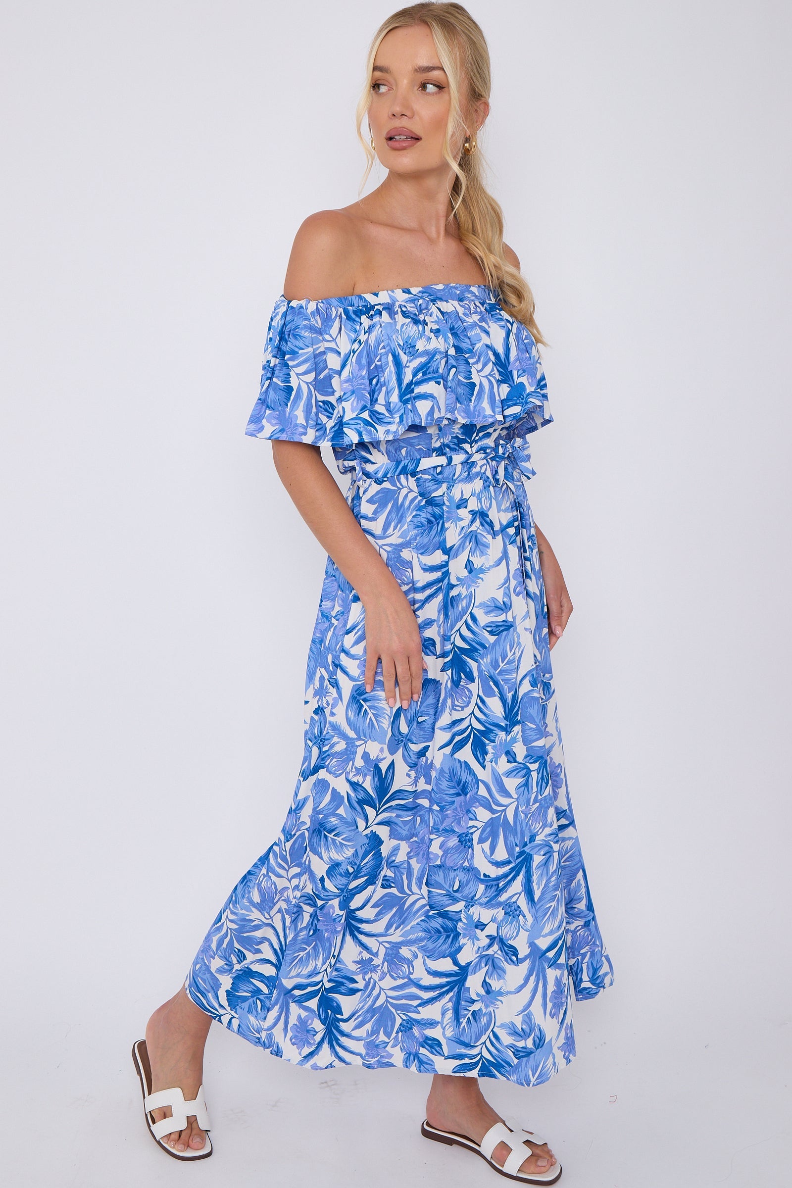 8Pcs Blue Leaf Floral Print Bardot Maxi Dress