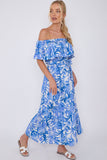 8Pcs Blue Leaf Floral Print Bardot Maxi Dress