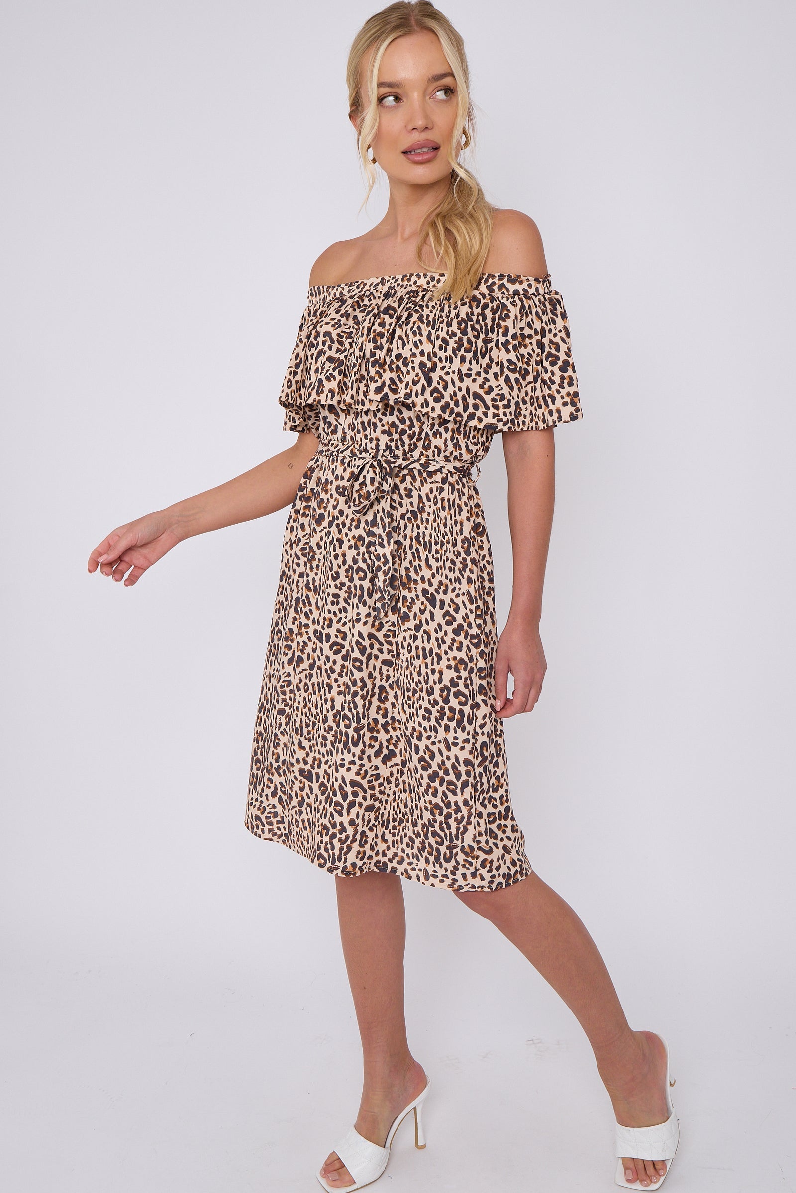 8Pcs Tan Leopard Print Bardot Mini Dress