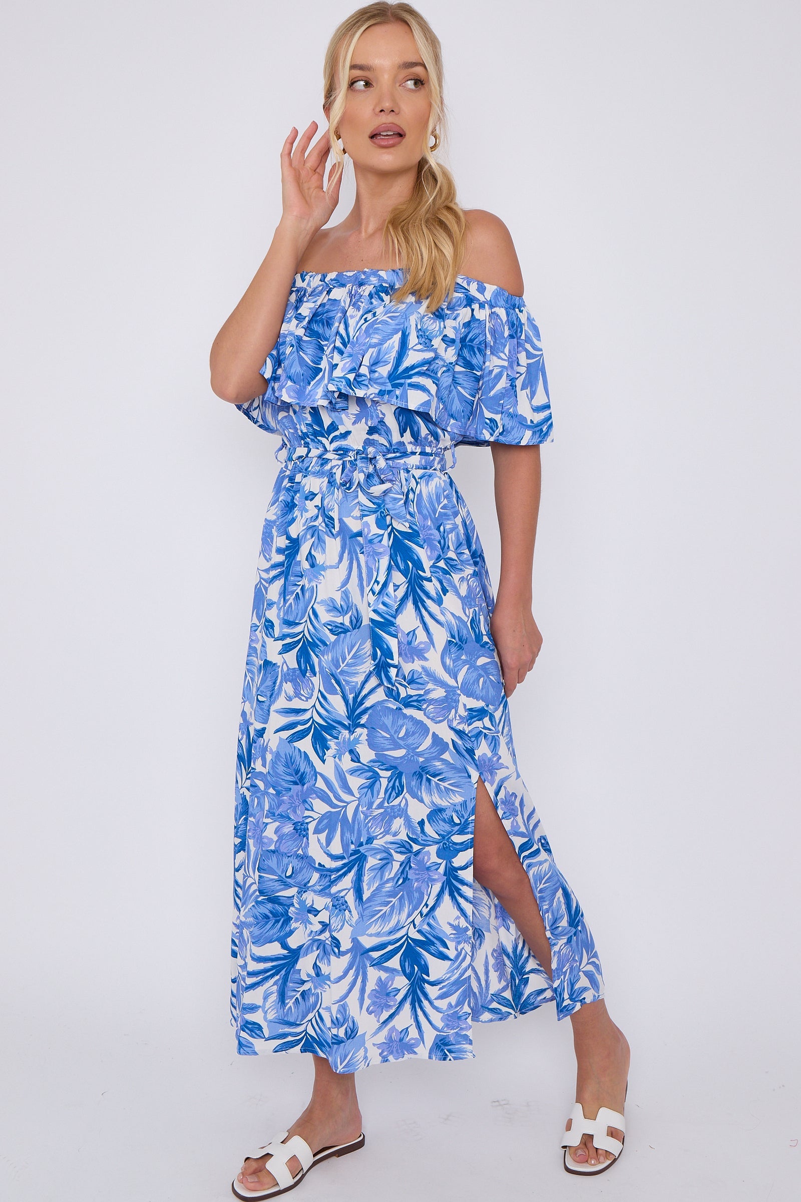 8Pcs Blue Leaf Floral Print Bardot Maxi Dress