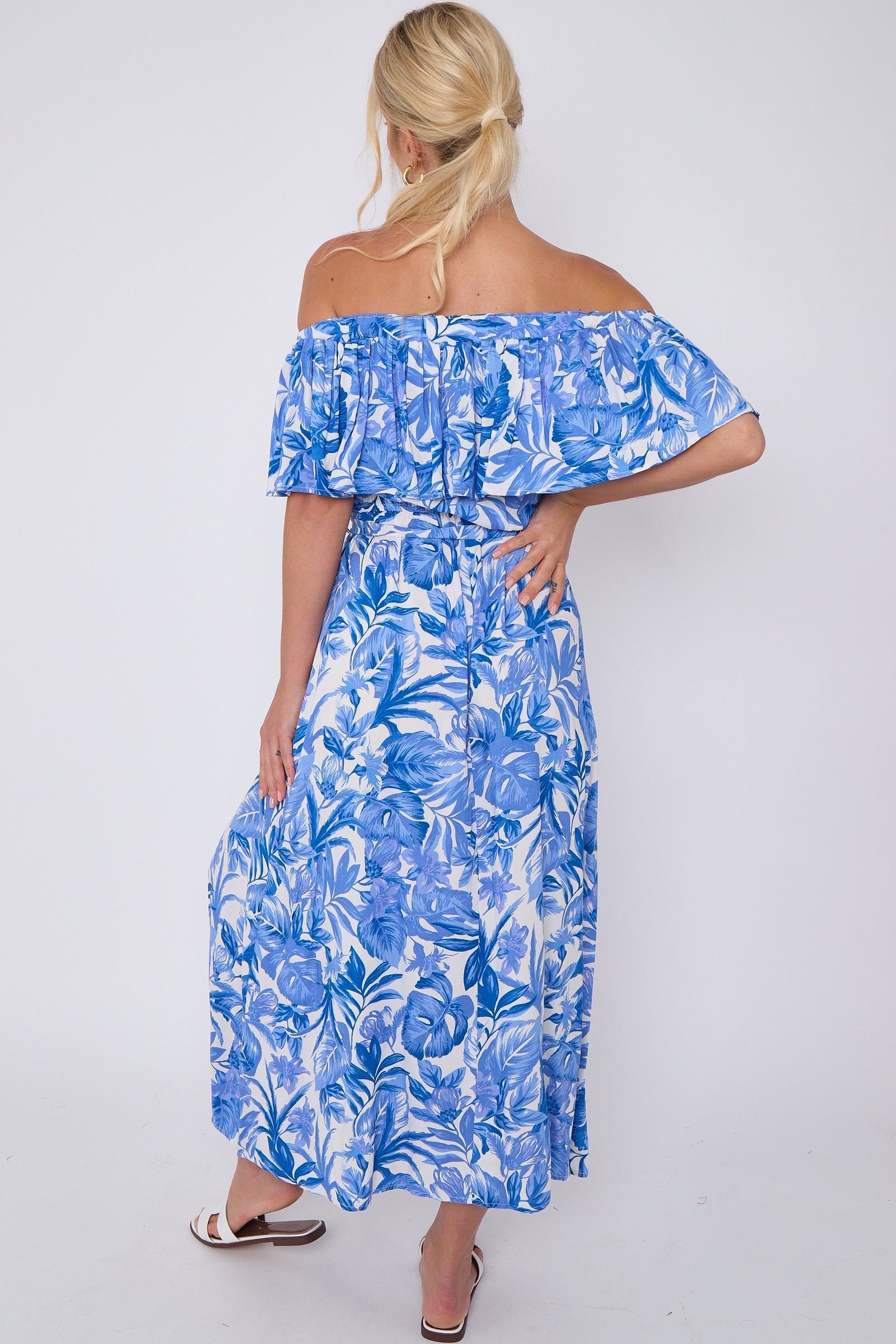 8Pcs Blue Leaf Floral Print Bardot Maxi Dress