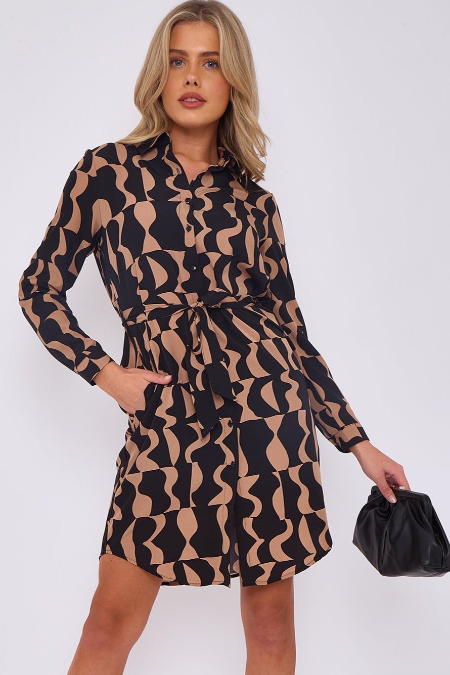 8Pcs Brown Geo Print Mini Shirt Dress