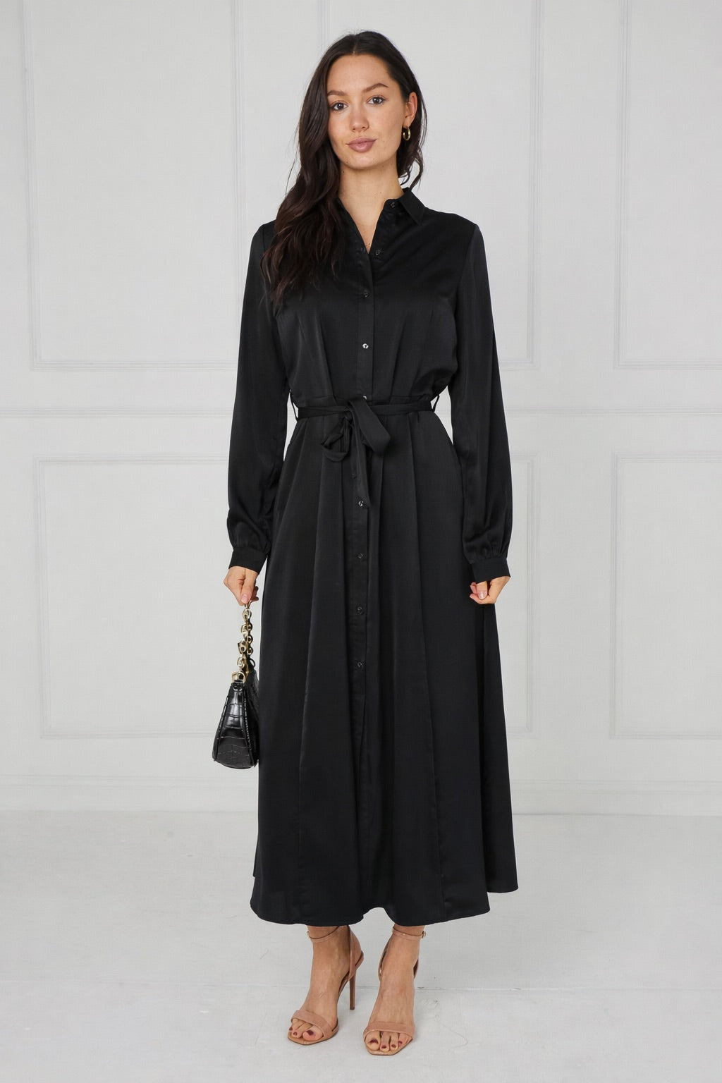 8Pcs Black Velvety Satin Maxi Shirt Dress