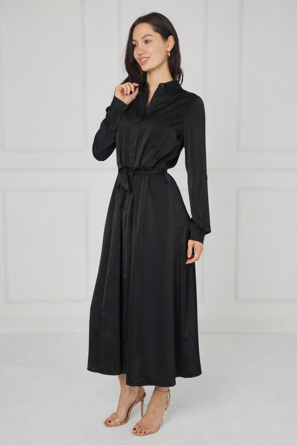8Pcs Black Velvety Satin Maxi Shirt Dress