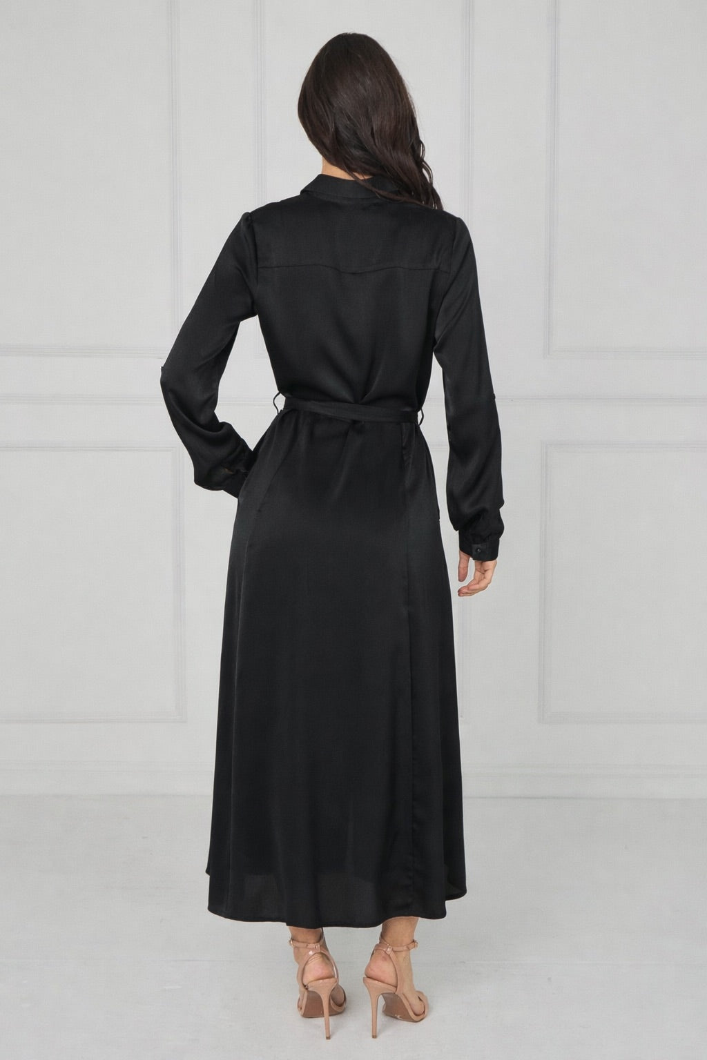 8Pcs Black Velvety Satin Maxi Shirt Dress
