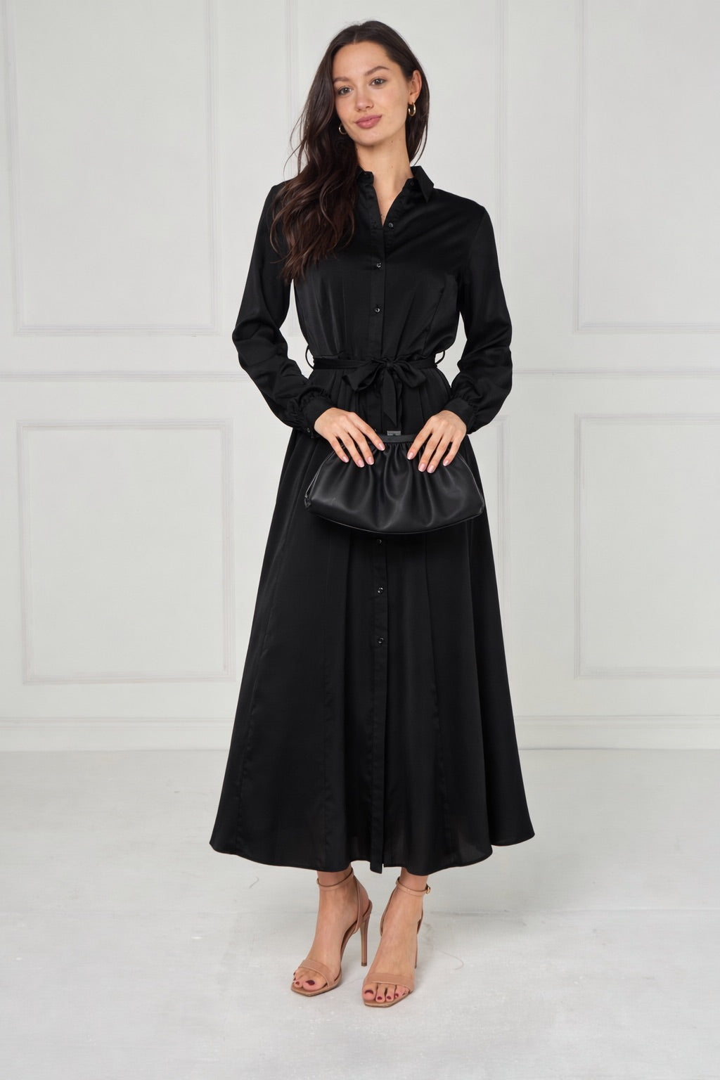 8Pcs Black Velvety Satin Maxi Shirt Dress