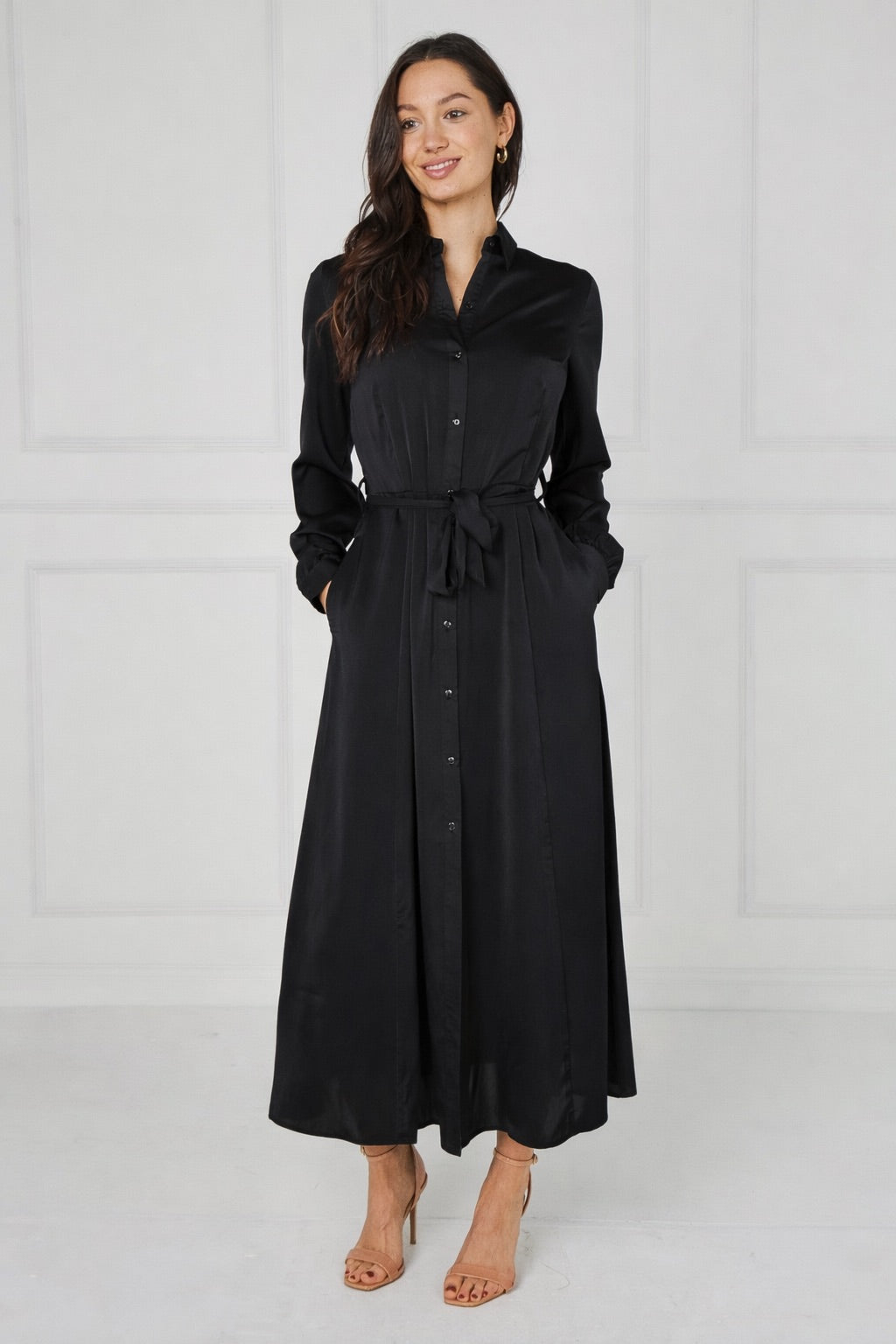 8Pcs Black Velvety Satin Maxi Shirt Dress