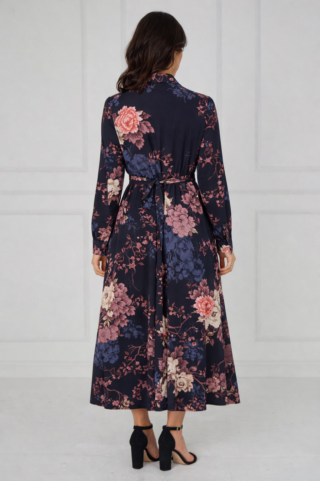 8Pcs Navy Vintage Bloom Printed Maxi Shirt Dress