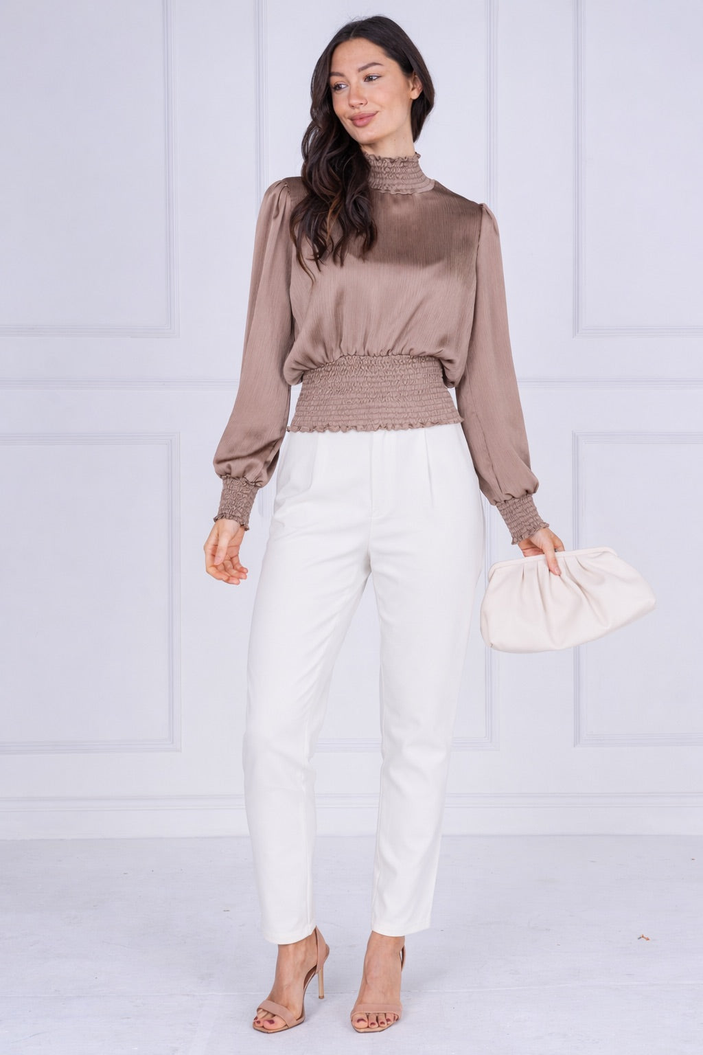 9pcs Mocha Creased Satin Shirred Waist Top