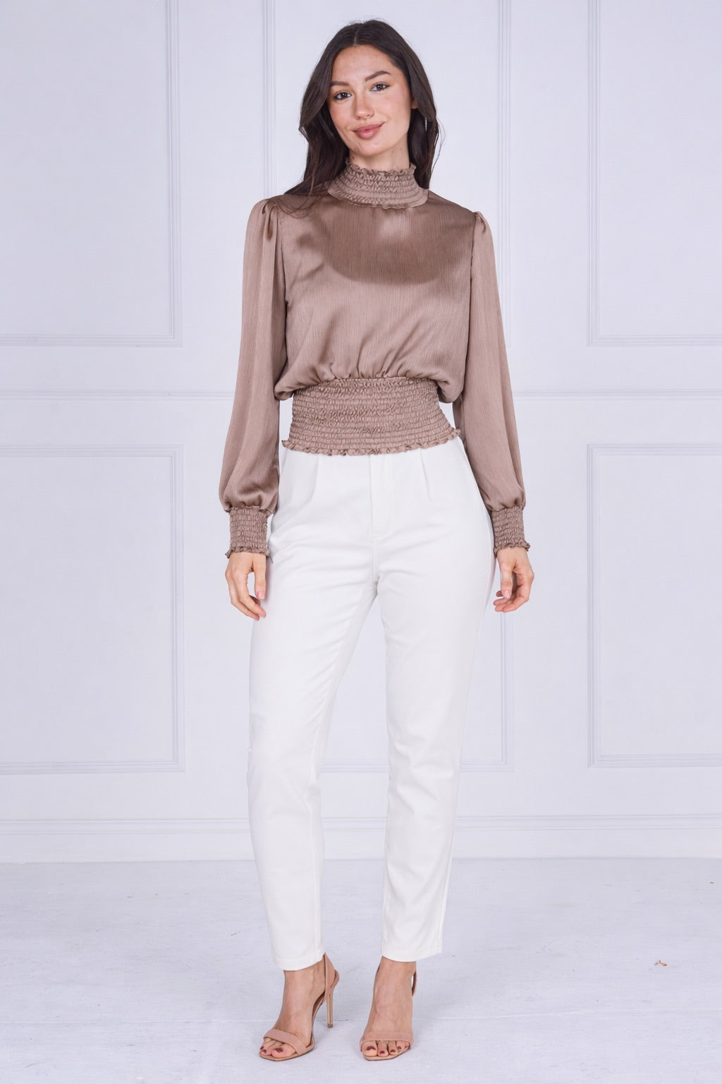 9pcs Mocha Creased Satin Shirred Waist Top