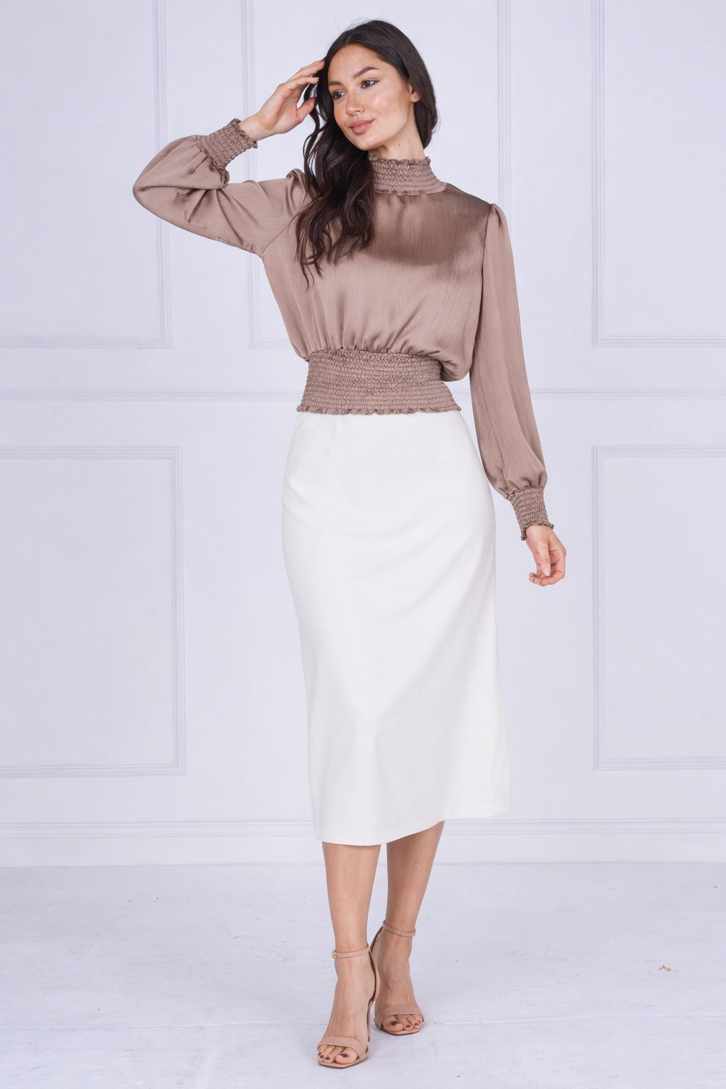 9pcs Mocha Creased Satin Shirred Waist Top