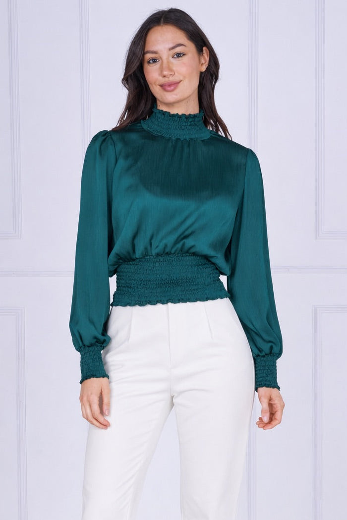 9pcs Emerald Creased Satin Shirred Waist Top