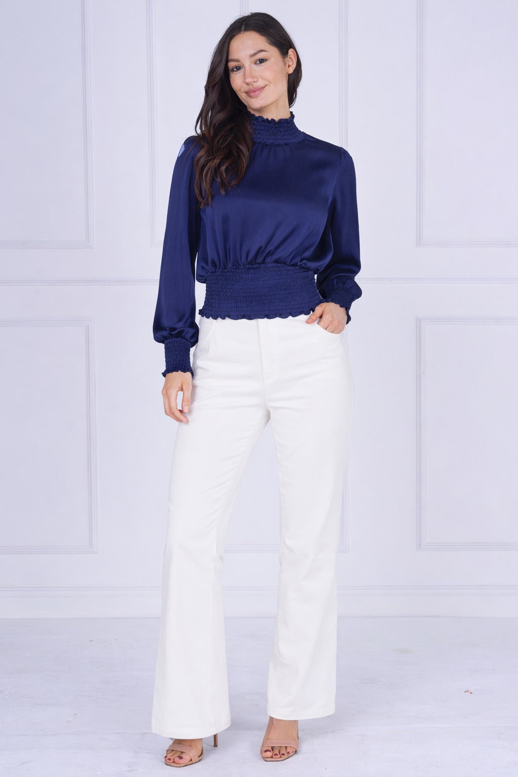 9pcs Navy Creased Satin Shirred Waist Top