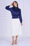 9pcs Navy Creased Satin Shirred Waist Top