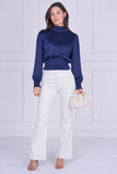 9pcs Navy Creased Satin Shirred Waist Top