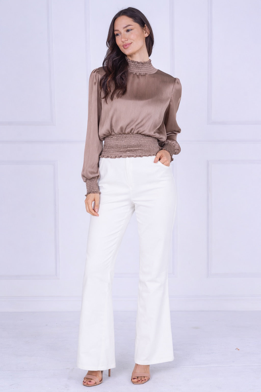9pcs Mocha Creased Satin Shirred Waist Top