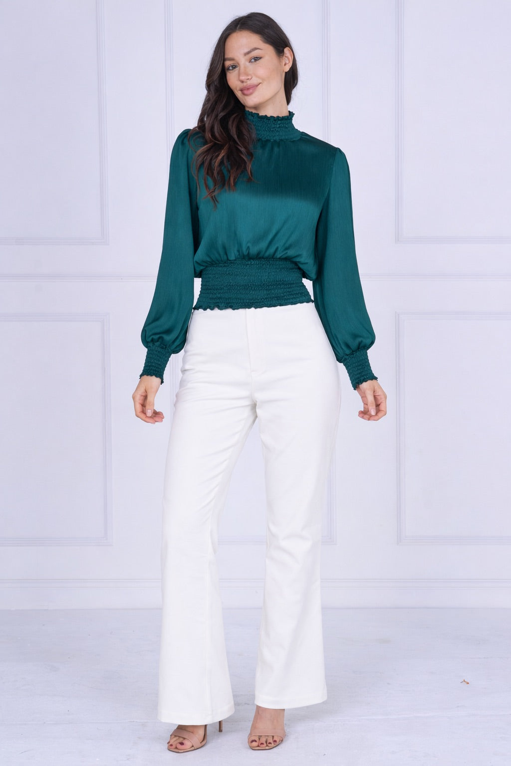 9pcs Emerald Creased Satin Shirred Waist Top