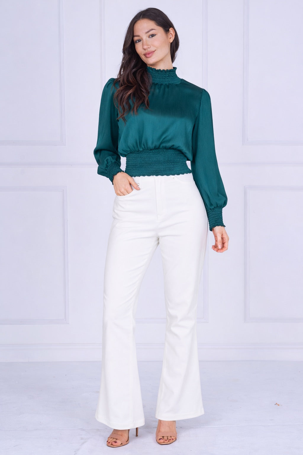9pcs Emerald Creased Satin Shirred Waist Top