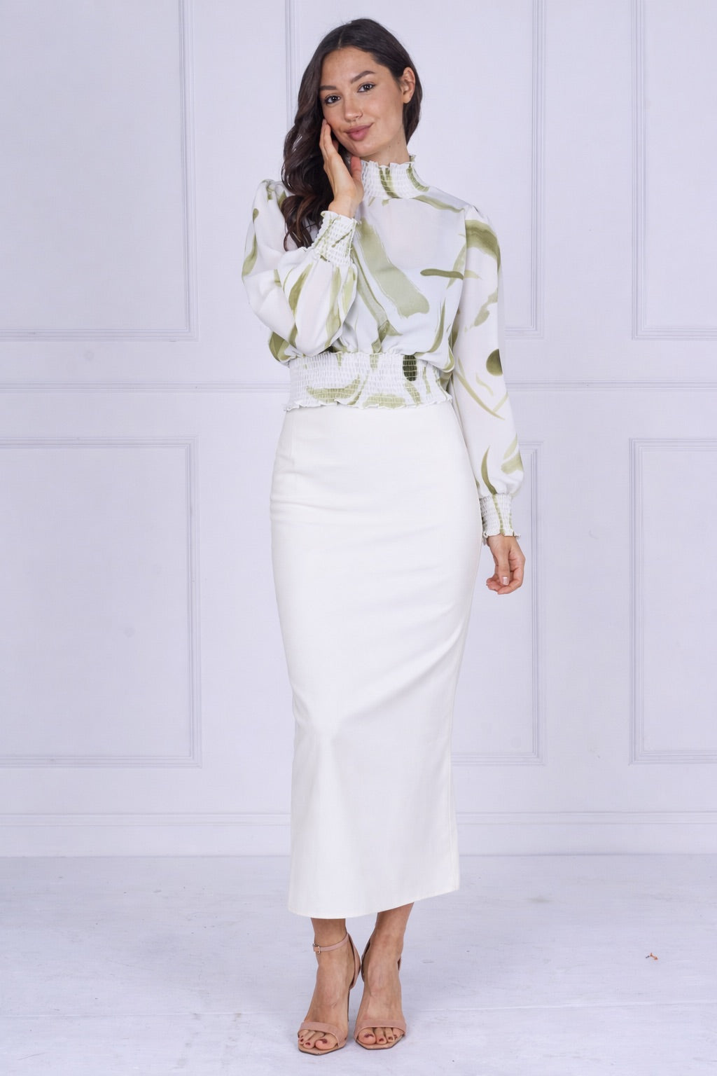 9pcs Sage Brushstroke Smocked High Neck Blouse