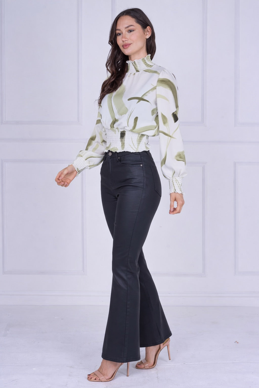 9pcs Sage Brushstroke Smocked High Neck Blouse