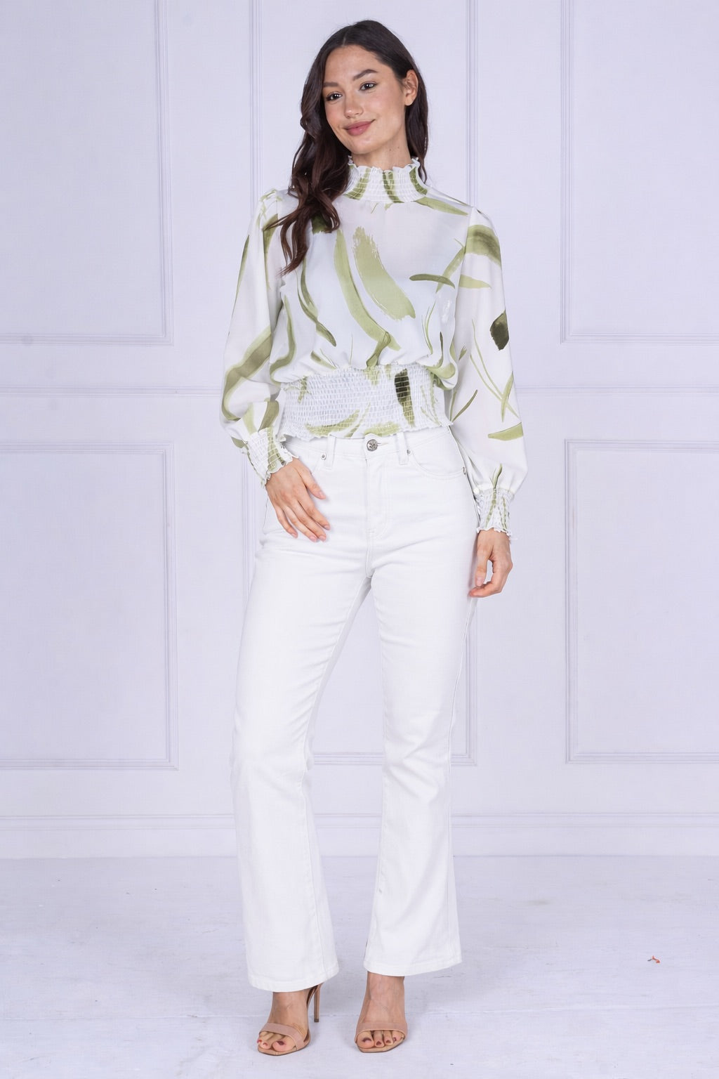 9pcs Sage Brushstroke Smocked High Neck Blouse