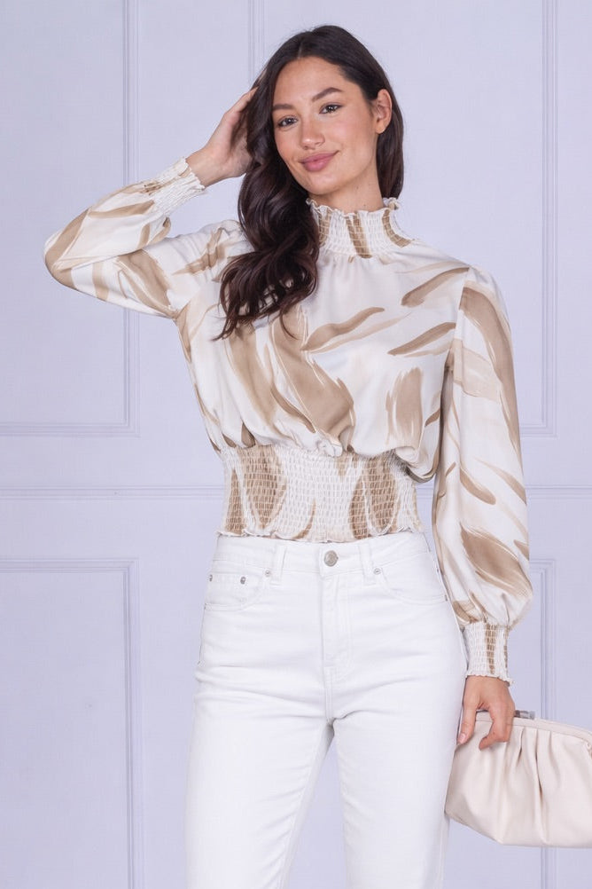 9pcs Sand Brushstroke Smocked High Neck Blouse
