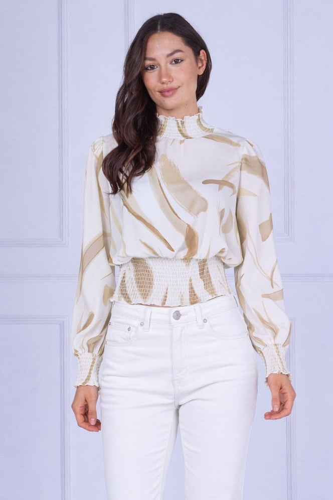 9pcs Sand Brushstroke Smocked High Neck Blouse