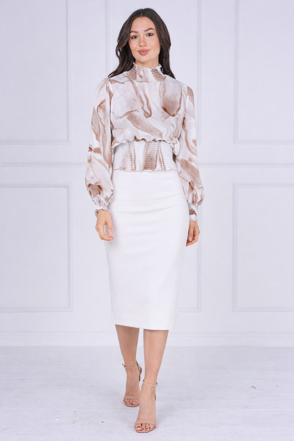 9pcs Sand Abstract Print Shirred Waist Top