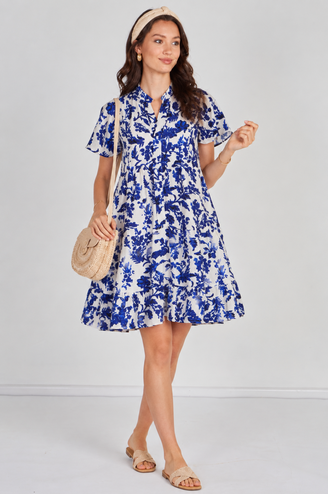 8Pcs Blue Floral Print Tiered Mini Dress