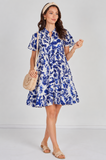 8Pcs Blue Floral Print Tiered Mini Dress