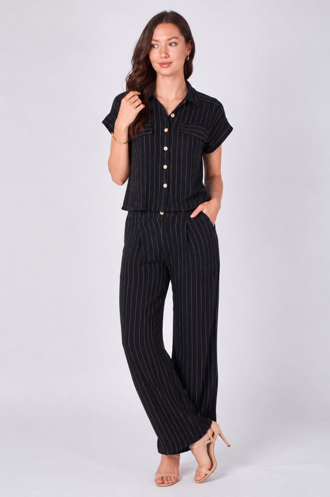 8Pcs Black Pinstripe Shirt and Trousers set
