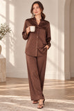 Love Sunshine Chocolate Brown Satin Shirt & Wide Leg Trouser Co-ord Set Co ord sets LS-5002 LS-5002&9057 LS-9057