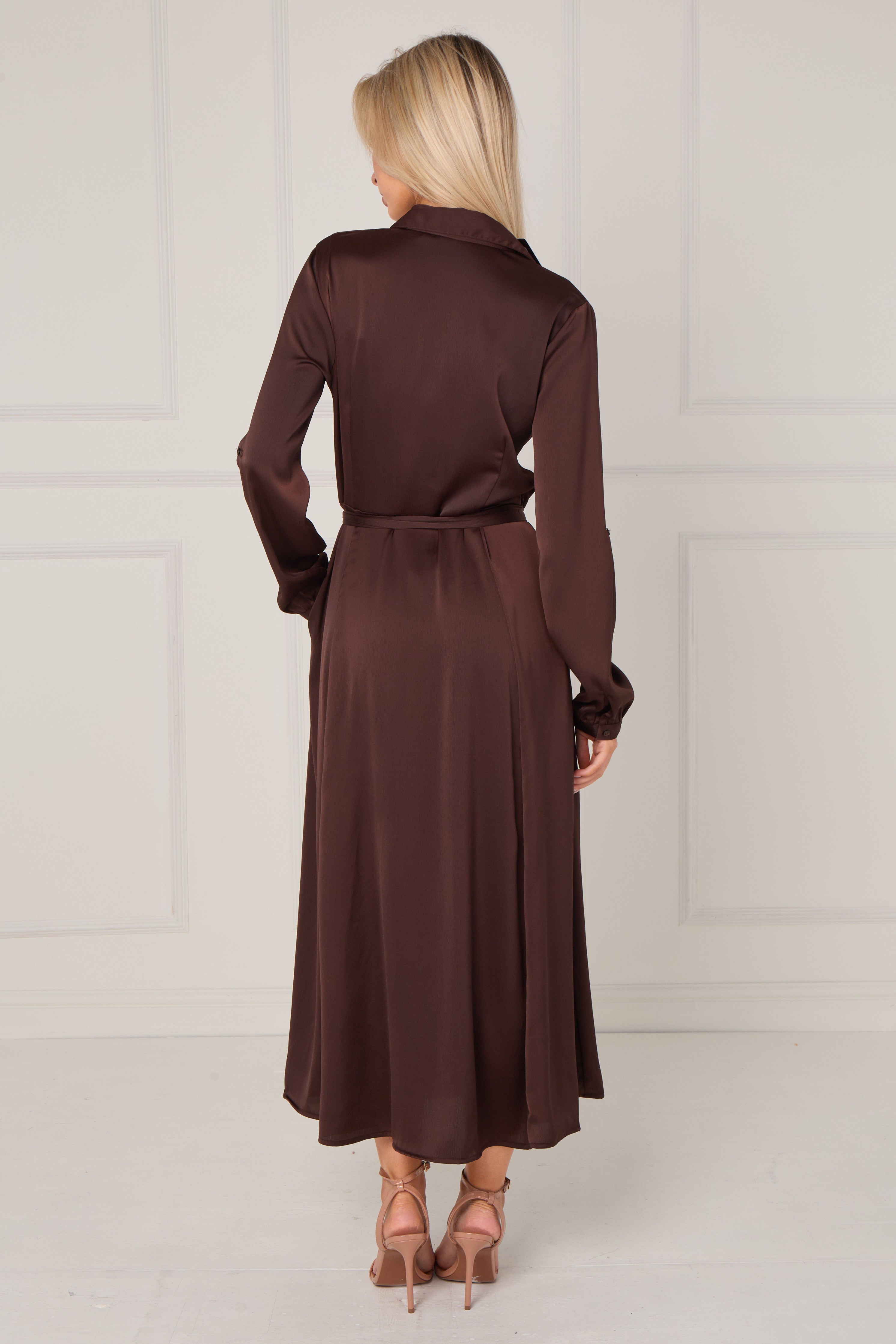 8Pcs Espresso Layered Satin Long Sleeve Maxi Shirt Dress
