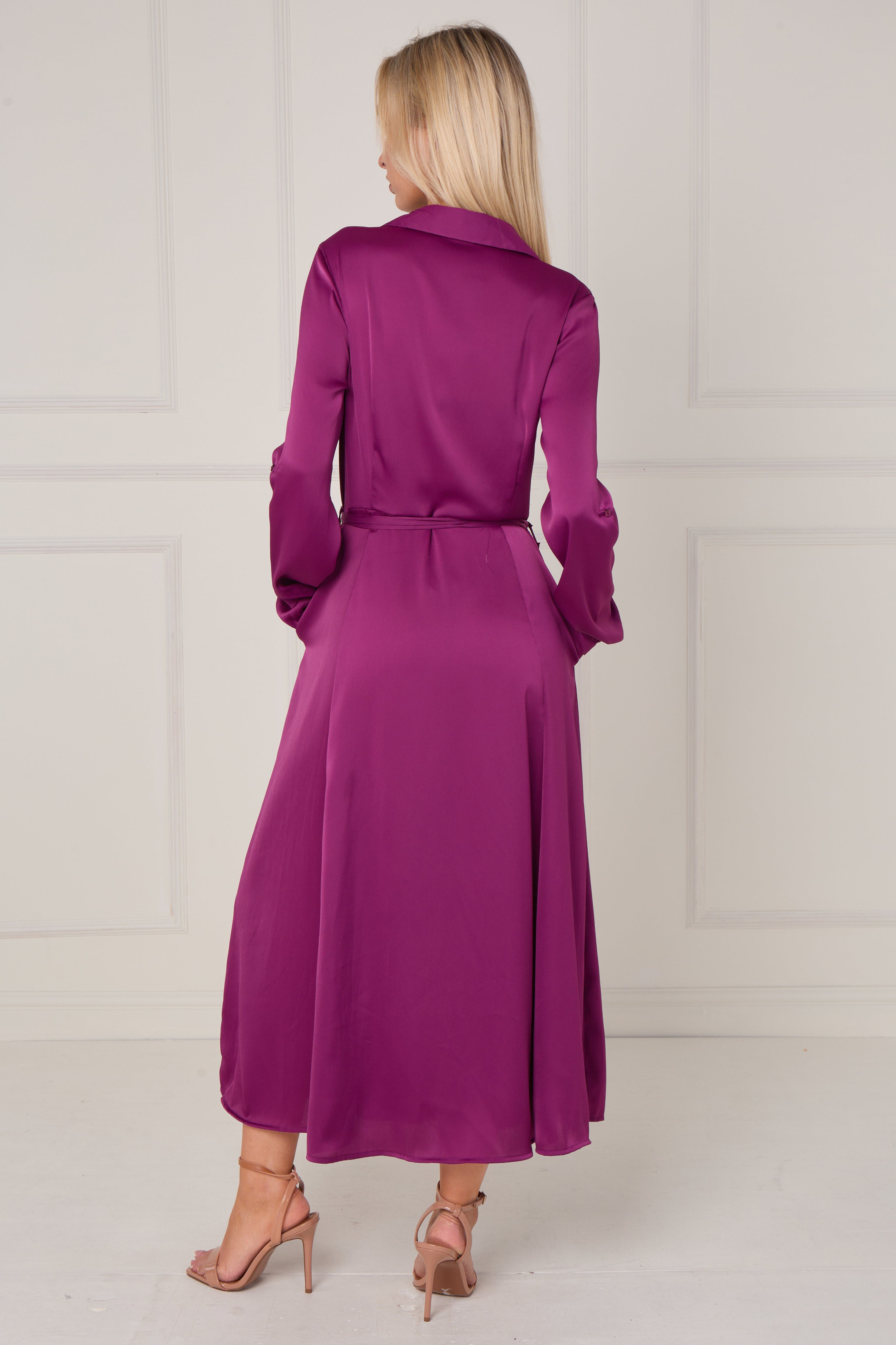 8Pcs Magenta Layered Satin Long Sleeve Maxi Shirt Dress