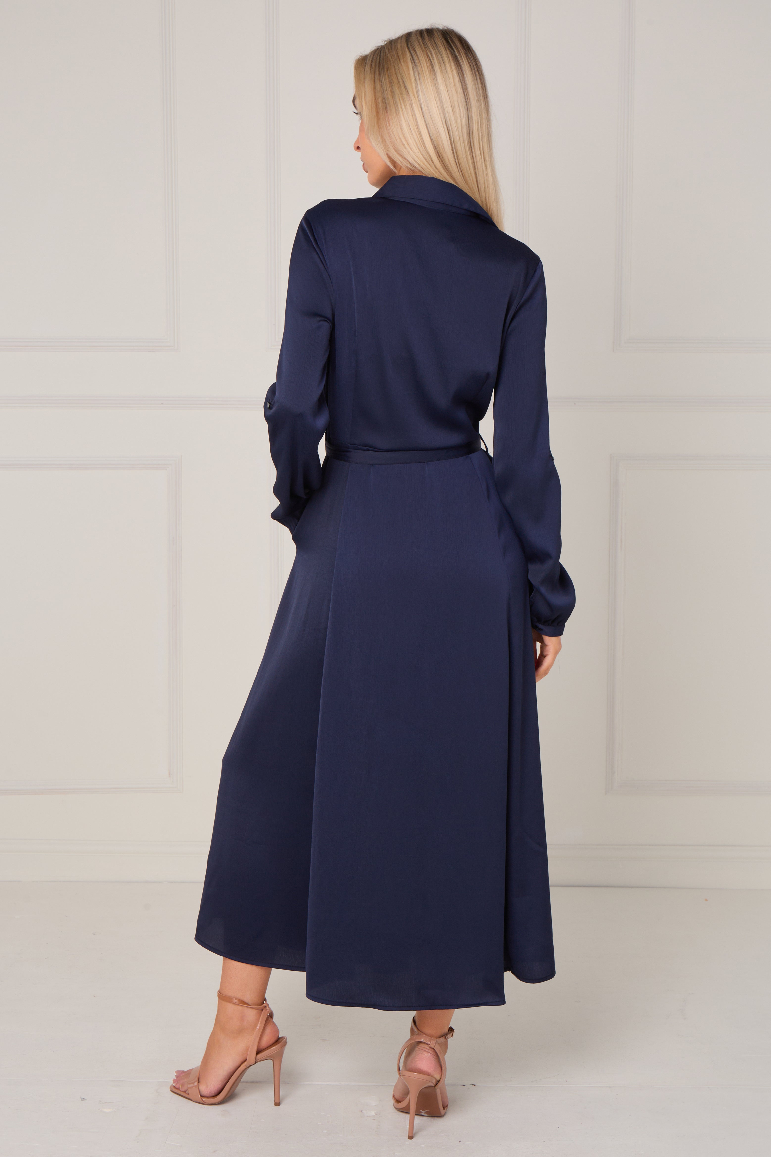 8Pcs Navy Layered Satin Long Sleeve Maxi Shirt Dress