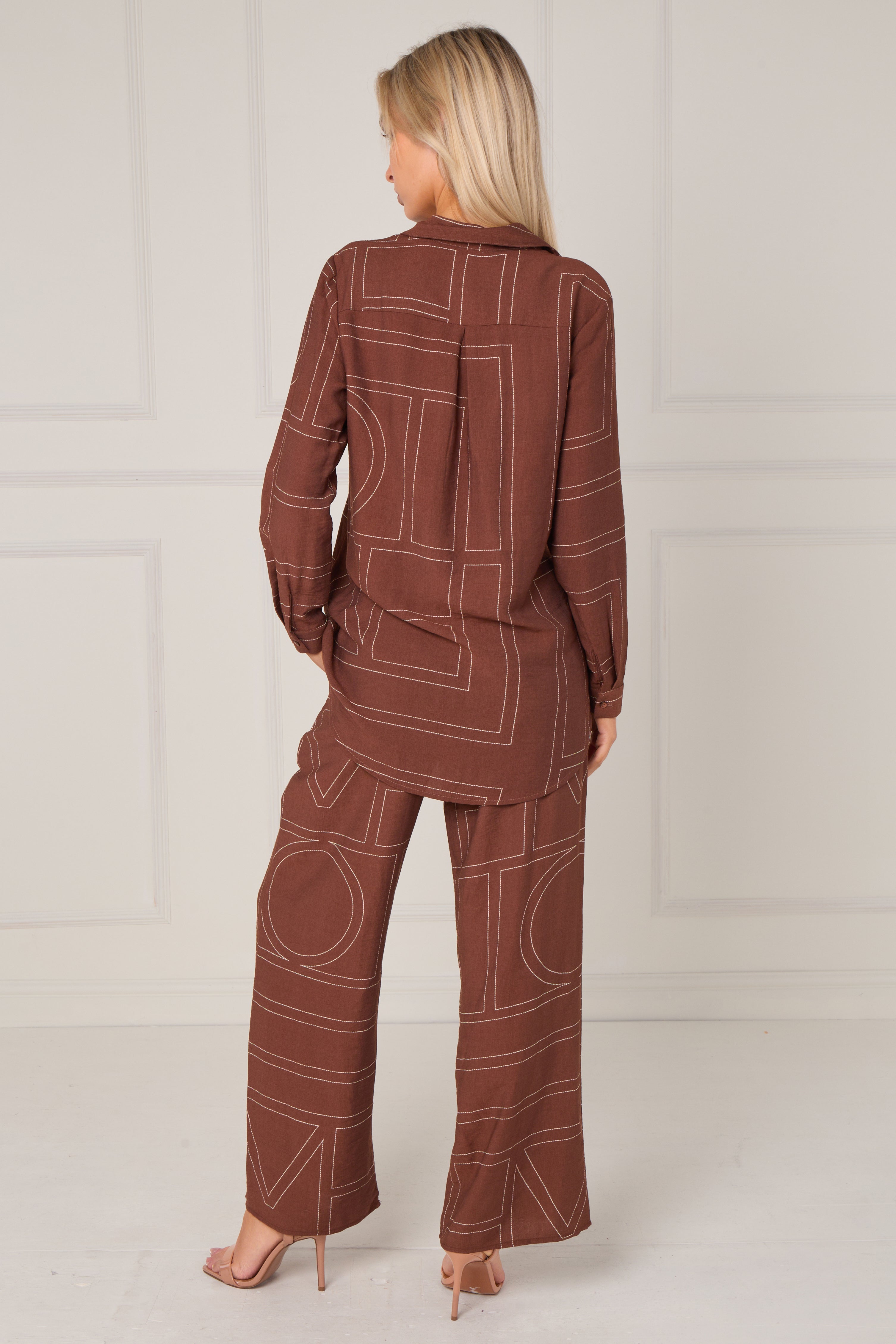 8Pcs Chocolate Geometric Line Print Wide-Leg Co-ord